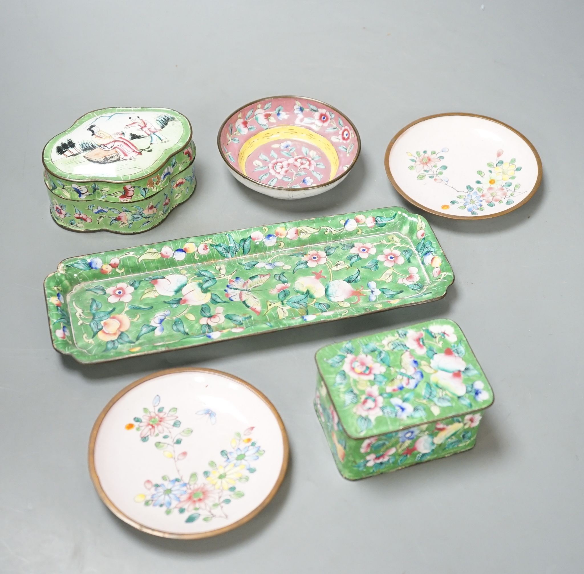 A group of Chinese Canton enamel dishes and two boxes and covers, 24cm